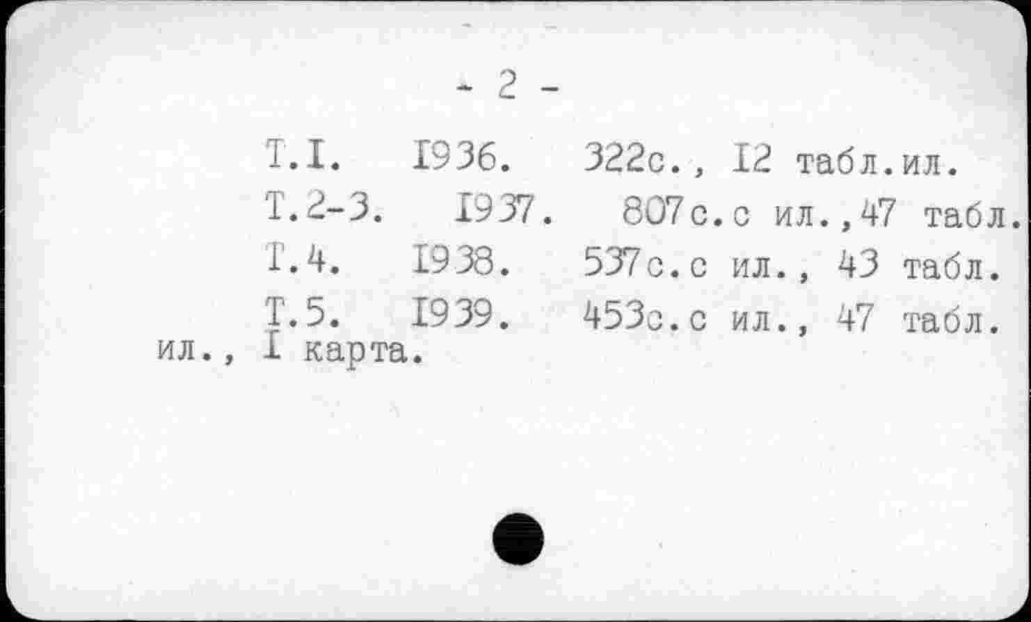 ﻿* г -
I.I. 1936.	322c., 12 табл.ил.
'1.2-3.	1937.	807c.с ил.,47 табл.
1.4.	1938 .	537с.с ил., 43 табл.
Т.5.	1939.	453с.с ил., 47 табл.
ил., 1 карта.